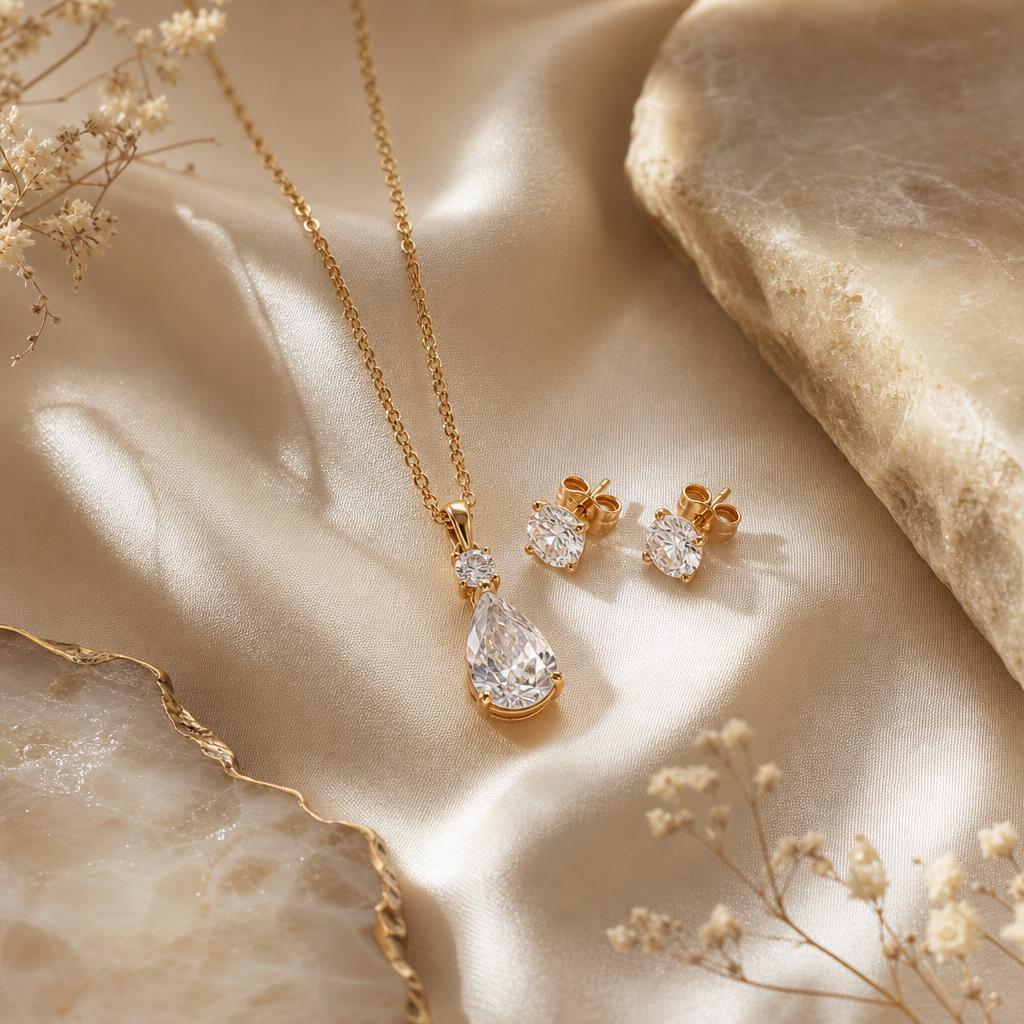 Coordinated pendant necklace and stud earrings arranged together on soft cream silk
