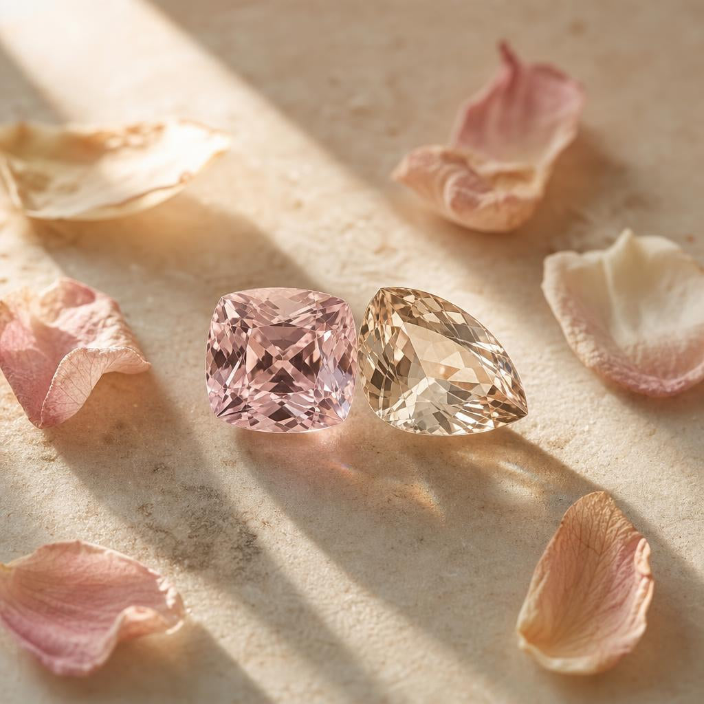 Two faceted gemstones nestled side by side on warm cream background
