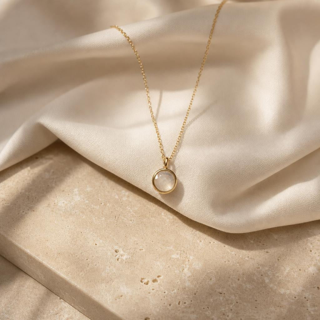 Single delicate pendant necklace resting on cream silk fabric