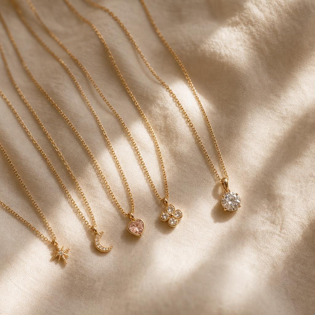 Curated necklaces arranged from delicate charms to one refined pendant