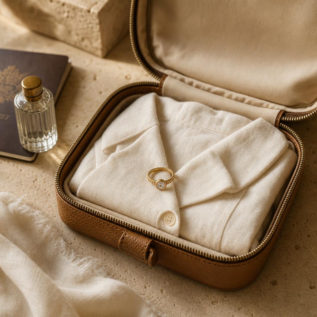 Single ring resting in an open travel pouch beside folded linen