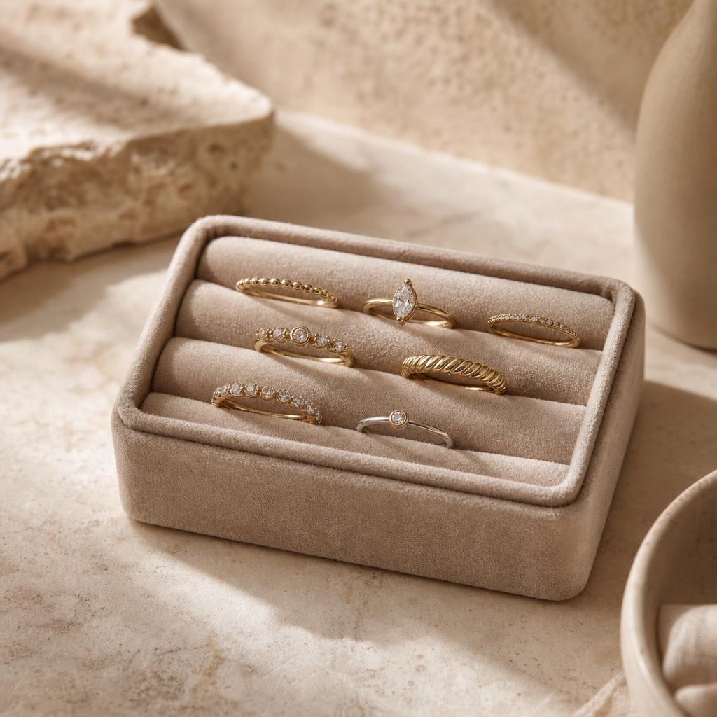 Elegant velvet jewelry tray with rings on warm cream stone background