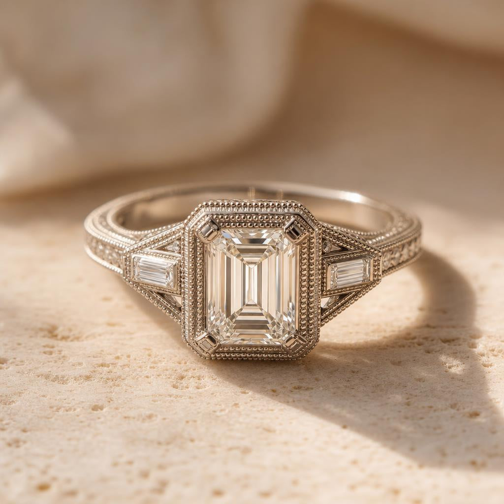 Vintage-inspired ring with milgrain edging and step-cut stone on cream surface