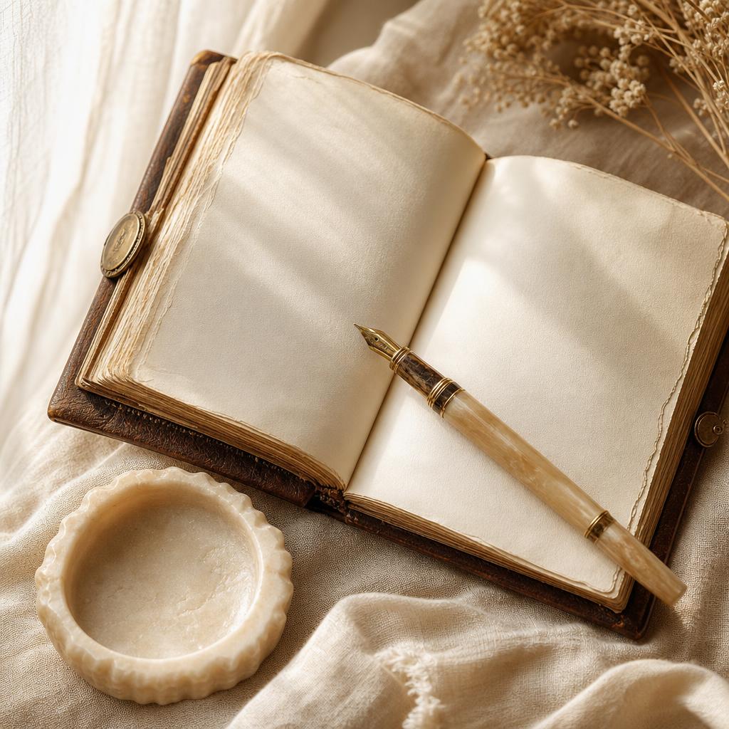 Open journal, fountain pen, and empty ring dish on warm linen