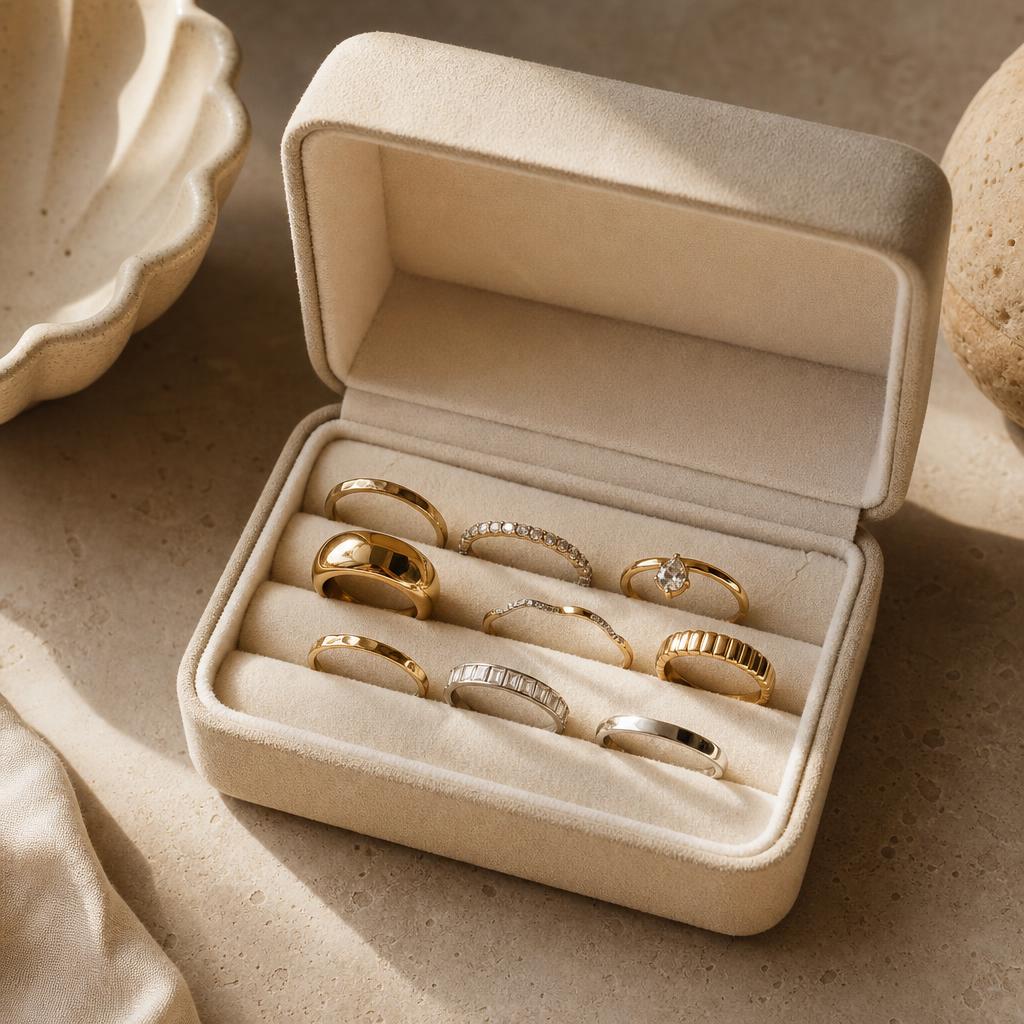 Open jewelry box with a curated cluster of rings in varying widths