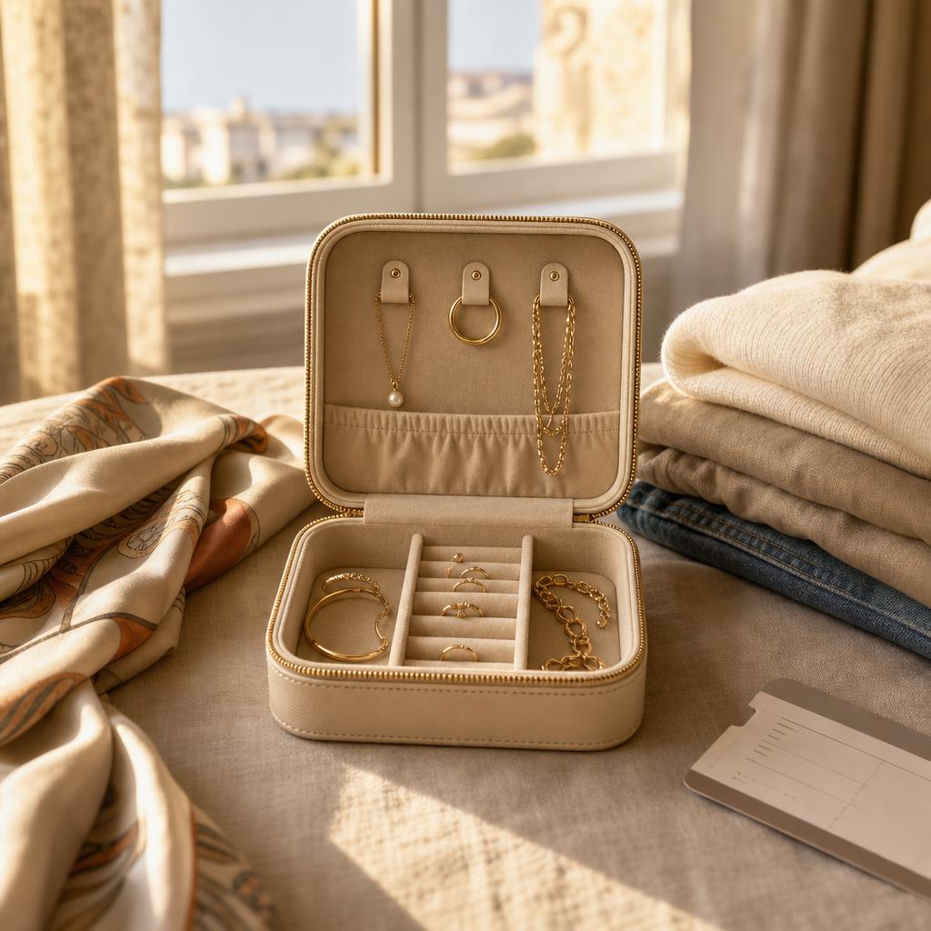 Open travel jewelry case with silk scarf on sunlit linen surface
