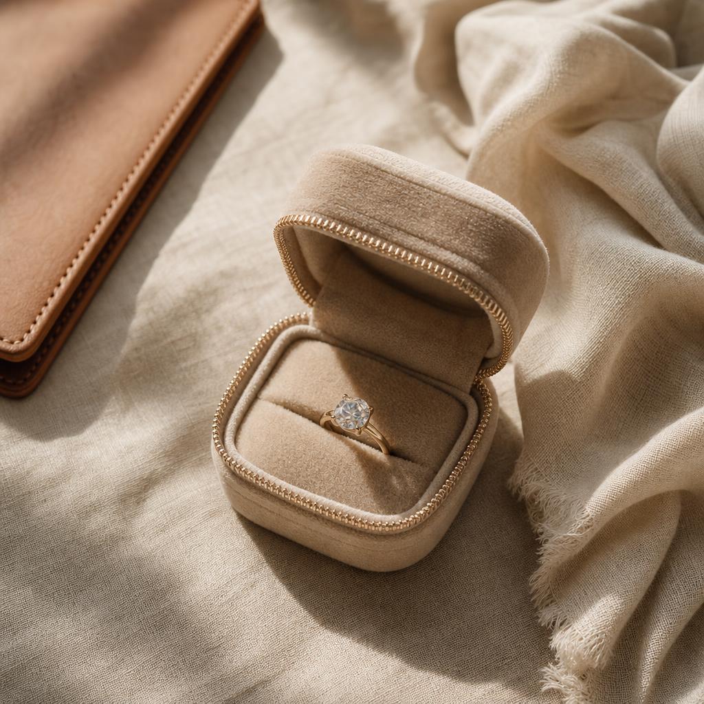 Ring nestled in an open travel jewelry pouch on cream linen