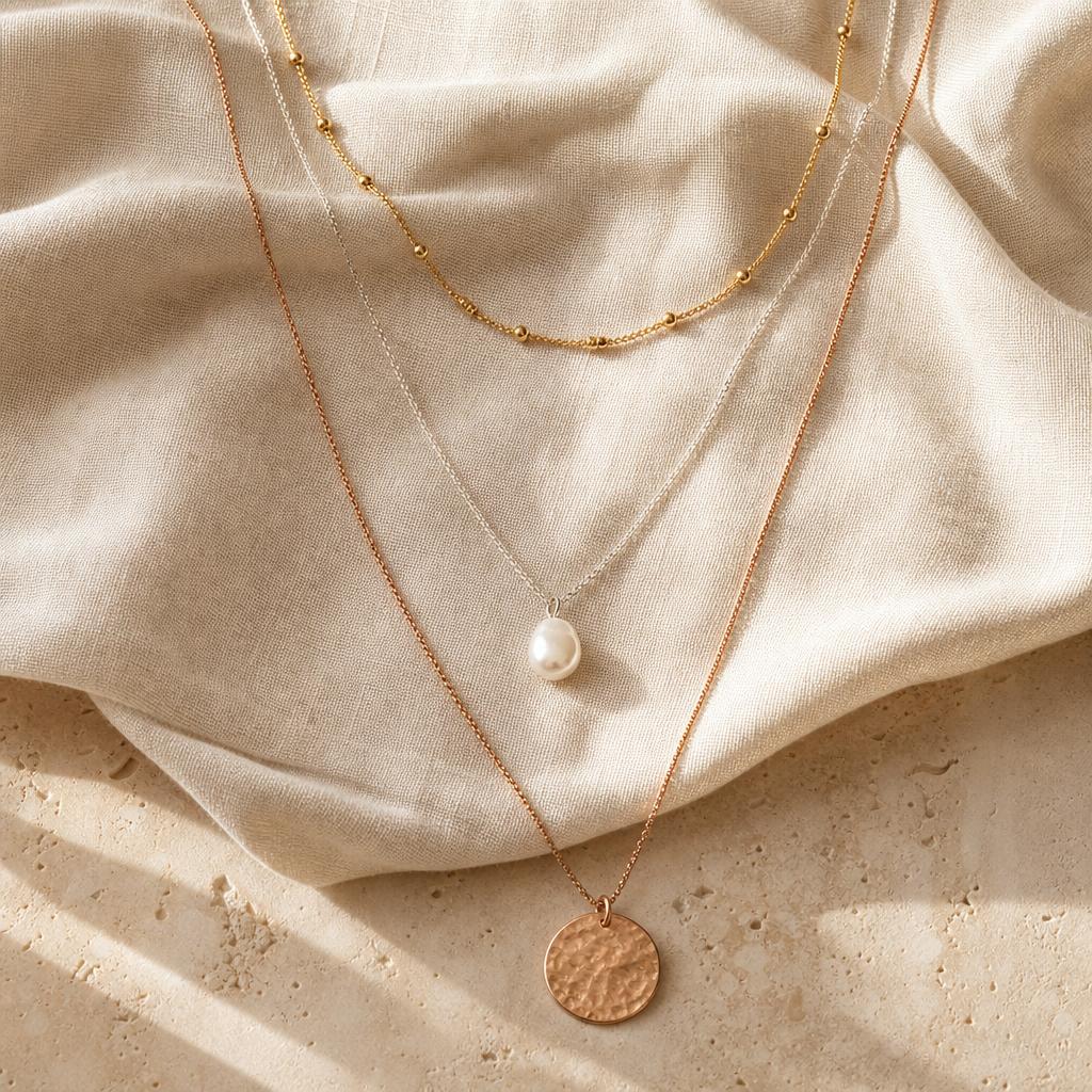 Three layered necklaces of different lengths on cream fabric