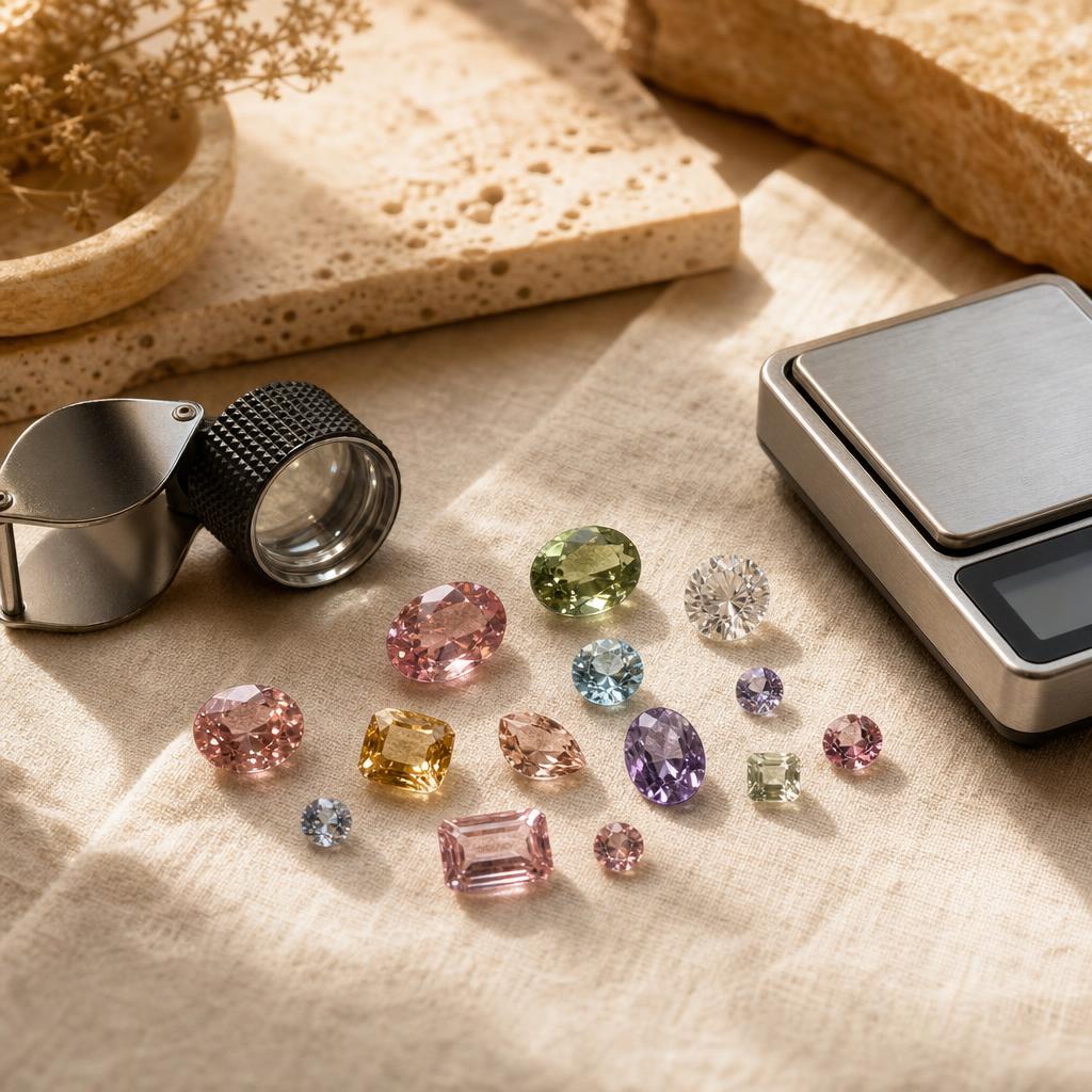Jeweler's loupe, scale, and loose gemstones on cream linen surface