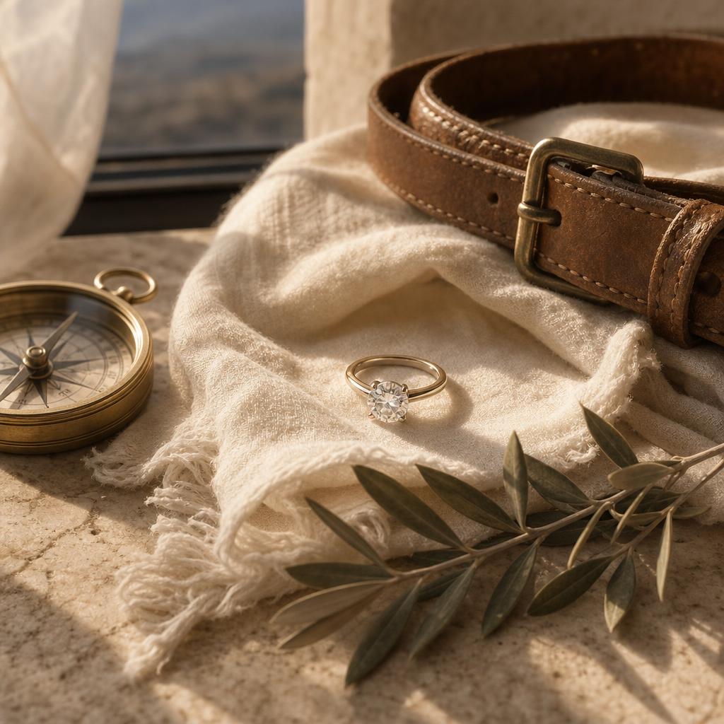 Solitaire ring on cream linen beside a brass compass and luggage strap