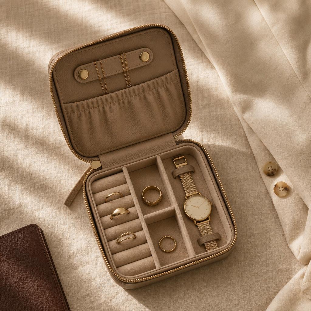 Open leather jewelry pouch with rings on cream linen
