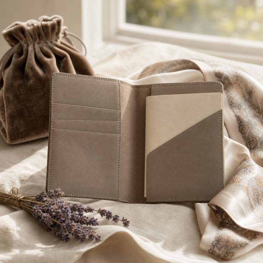Leather passport holder, velvet pouch and silk scarf on cream linen