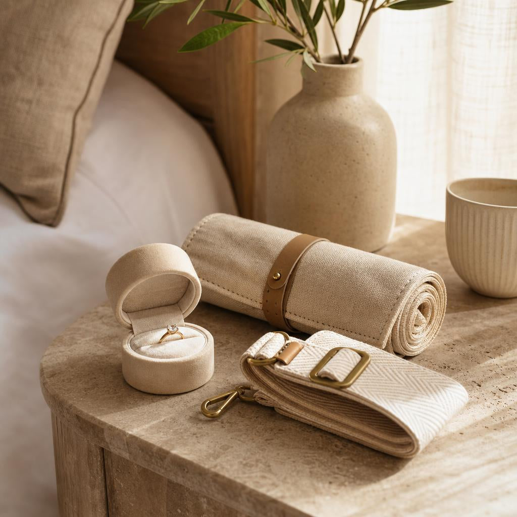 Velvet ring box and linen travel pouch on a vacation rental nightstand