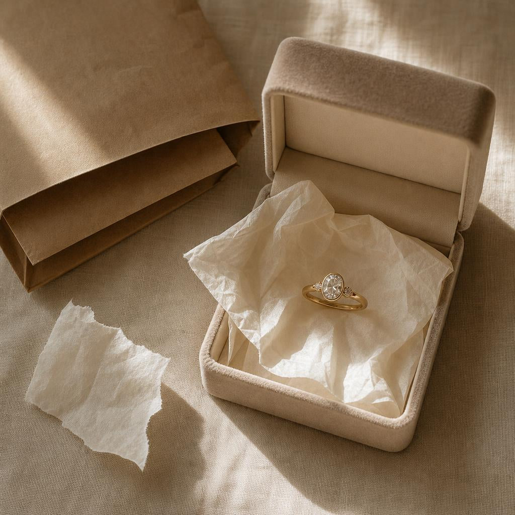 Ring box with tissue paper beside a shipping envelope on linen