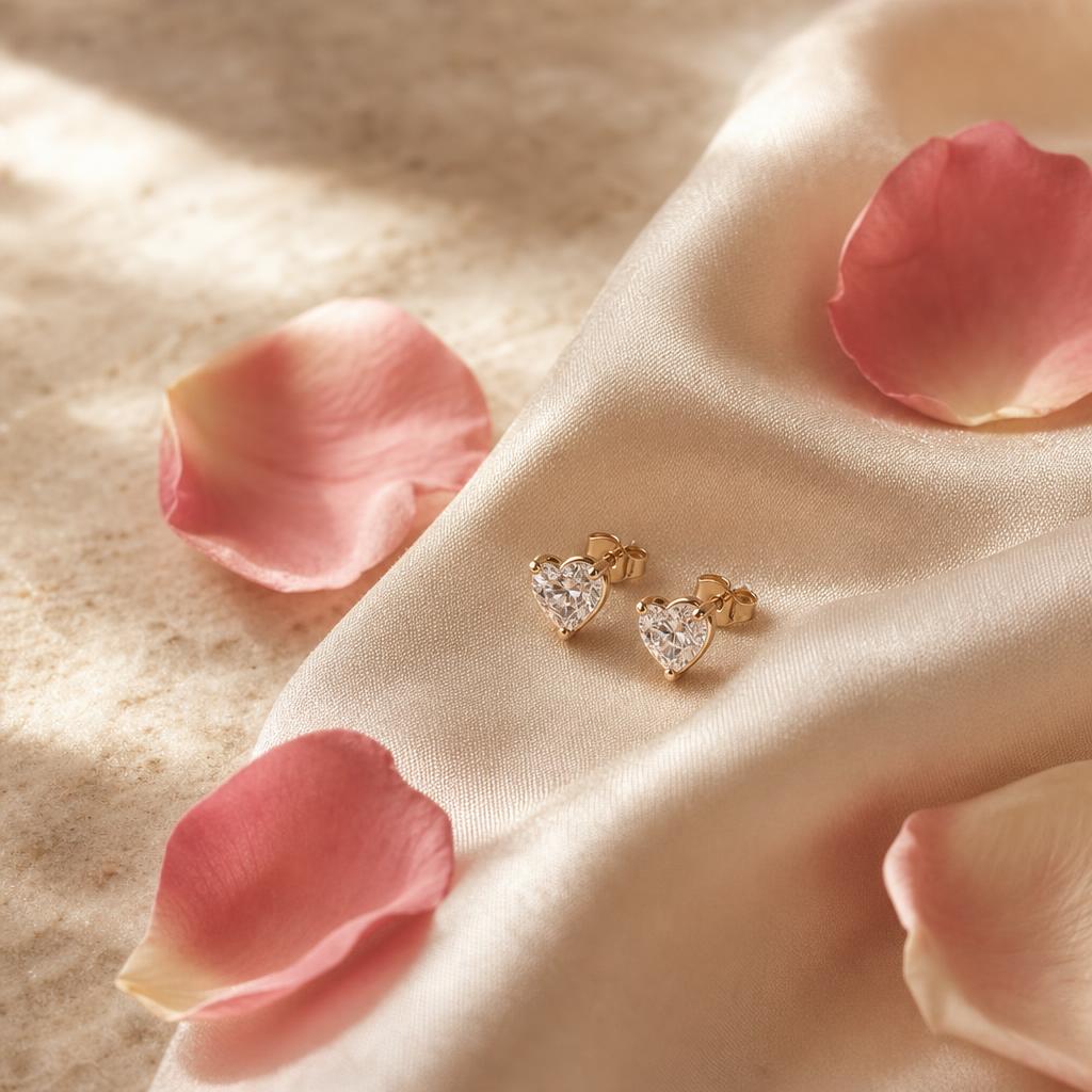 Delicate stud earrings resting on cream silk with scattered rose petals