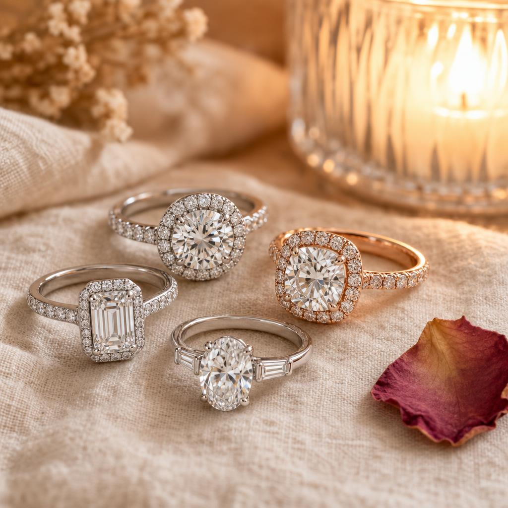 Simulated diamond rings on warm cream linen with rose gold ring and rose petal