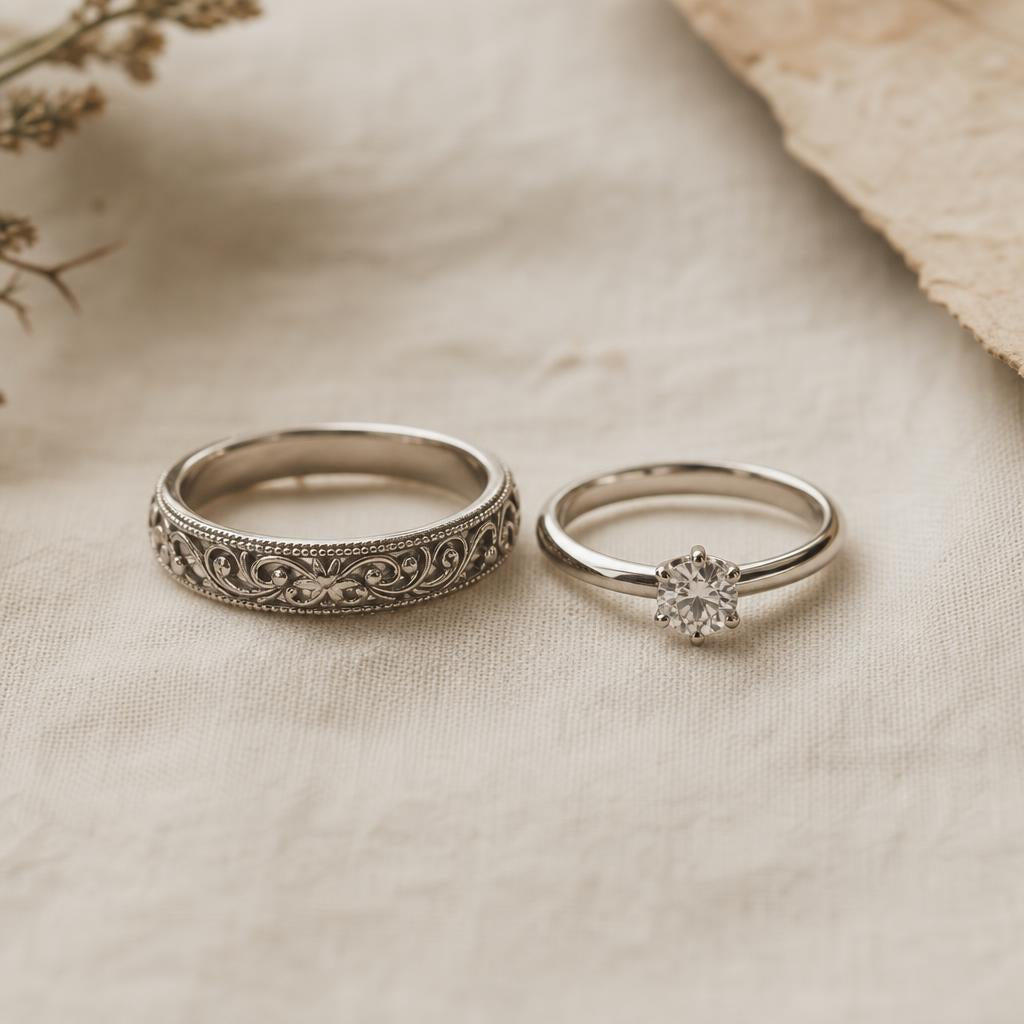 Two rings side by side, one ornate filigree, one plain minimalist band