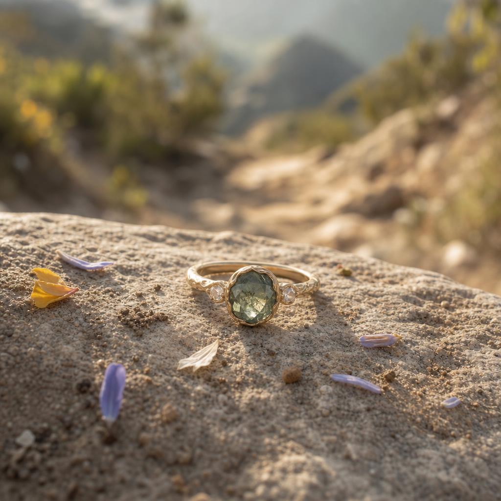 Delicate ring resting on a sun-warmed stone beside wildflower petals