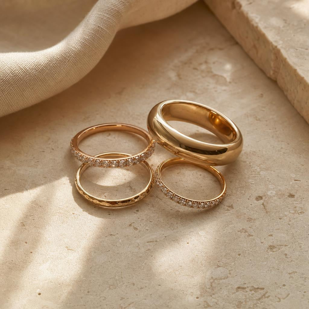 Delicate stacked metal rings of varying widths arranged on warm stone