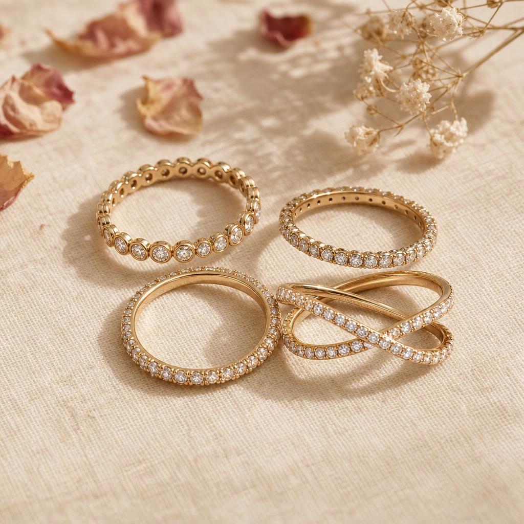 Eternity and pavé rings on warm cream linen surface with ivory rose petals