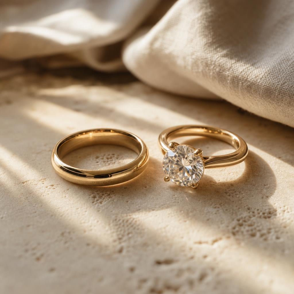 A plain polished ring band beside a gemstone ring on cream fabric