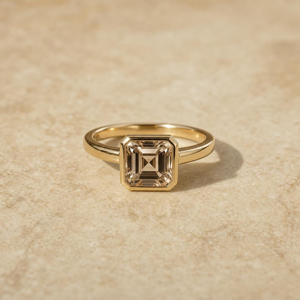 Square step-cut gemstone ring centered on a warm cream stone surface