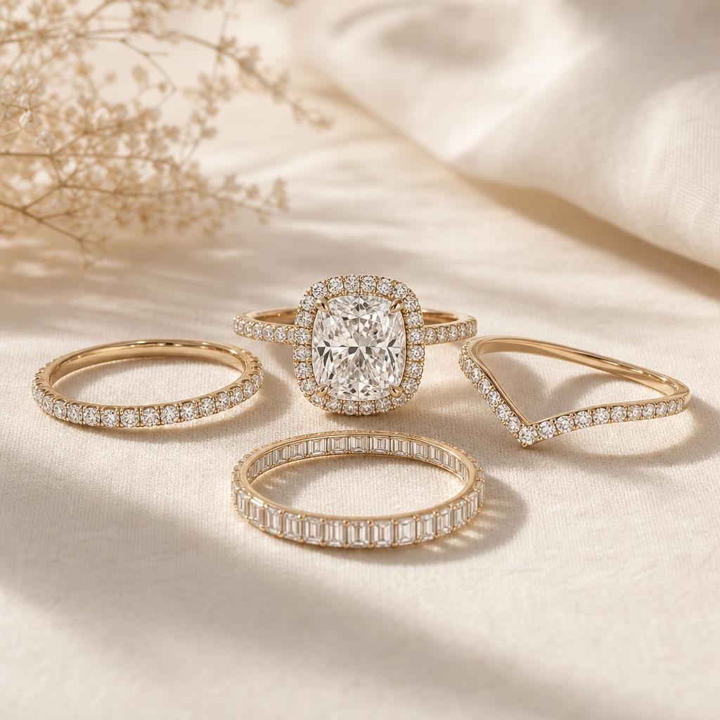 Cushion cut ring with pavé halo surrounded by three eternity wedding bands on cream linen