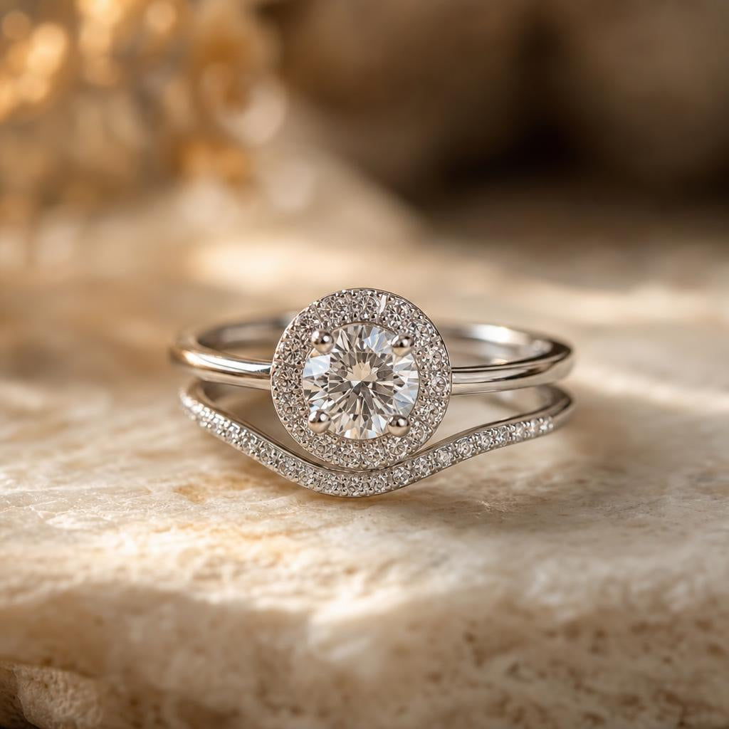 Two silver rings nested together, halo ring paired with a curved wedding band