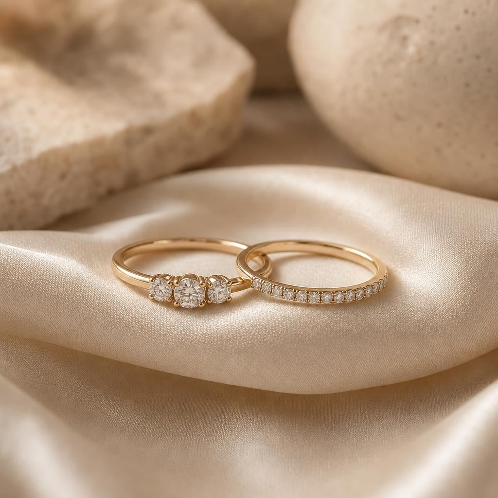 Two sparkling rings stacked together on warm cream silk fabric