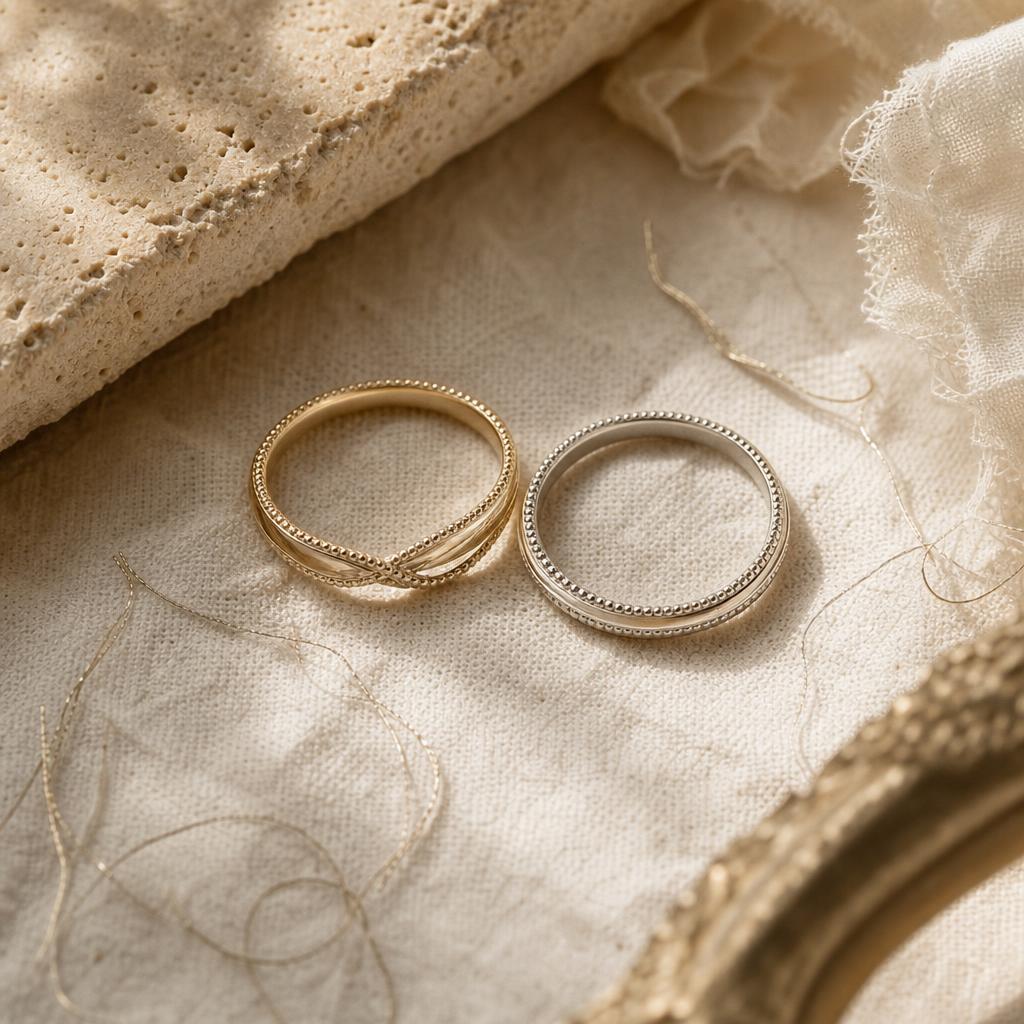 Two vintage-inspired rings with milgrain edging on cream linen in warm light