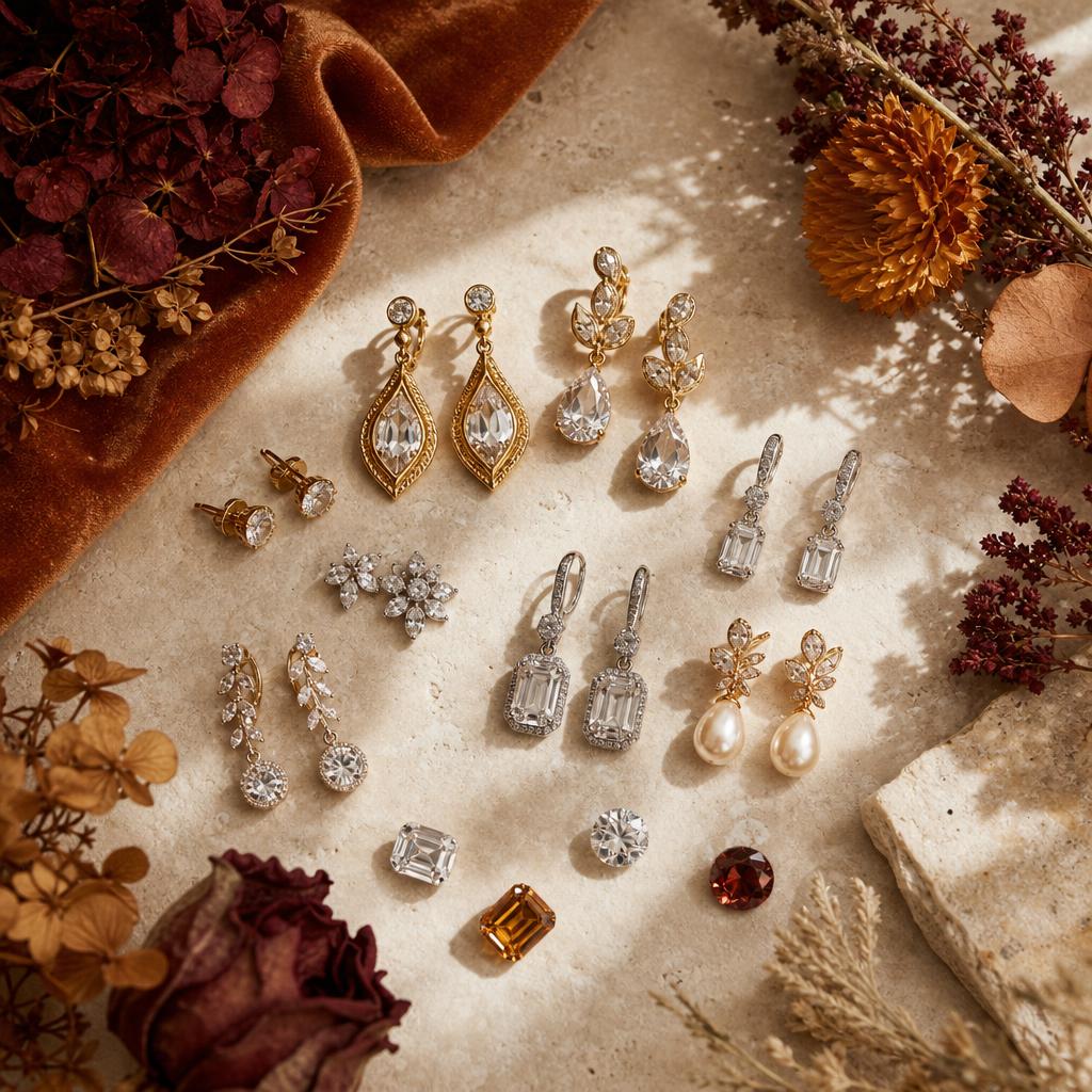 Flat lay of gold and silver earrings styled with autumn florals