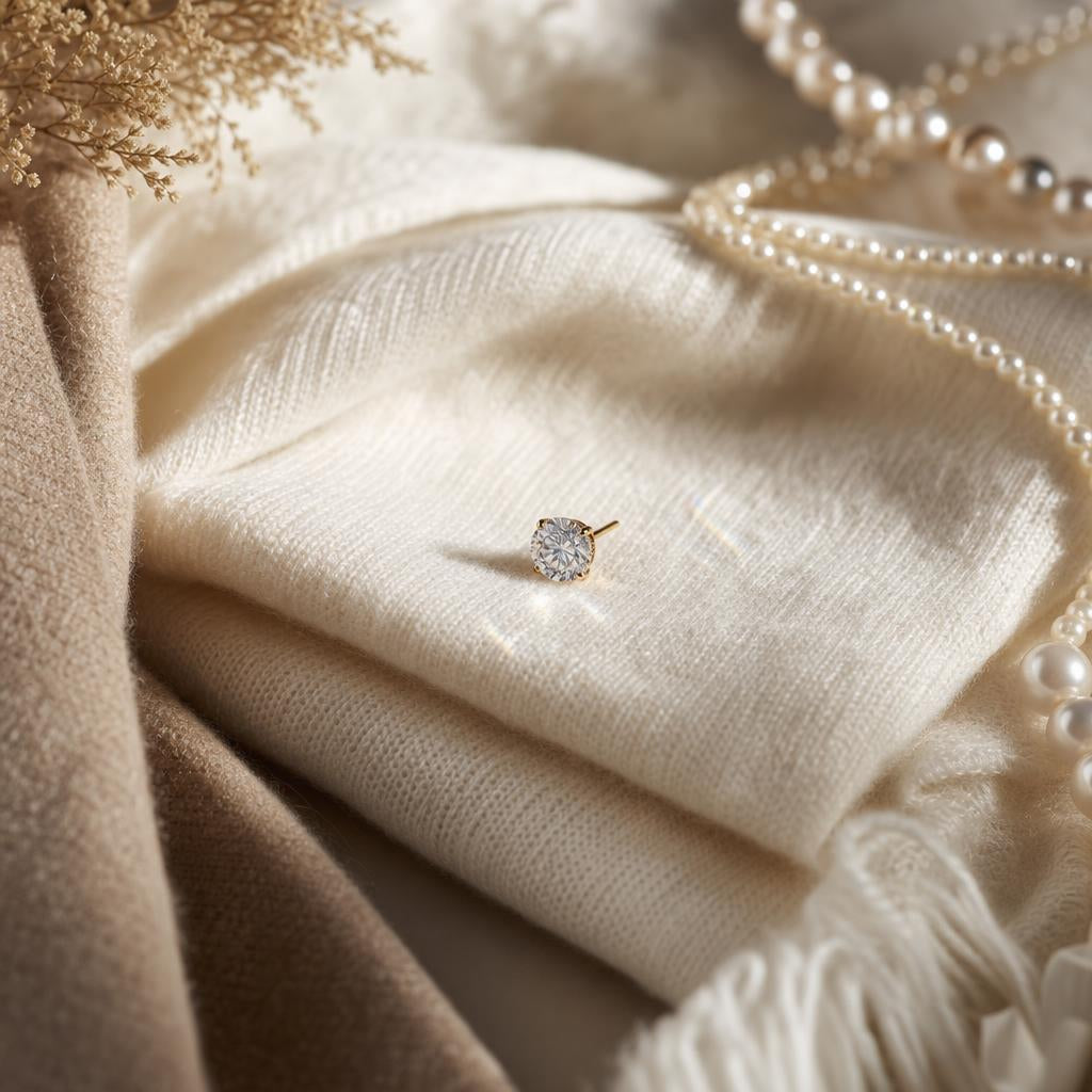 Single diamond stud earring resting on soft ivory cashmere fabric