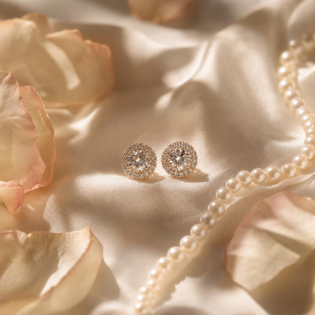 Sparkling halo stud earrings on ivory silk with pearls and rose petals