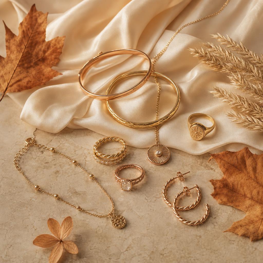 Warm gold and rose gold jewelry flat lay with autumn leaves