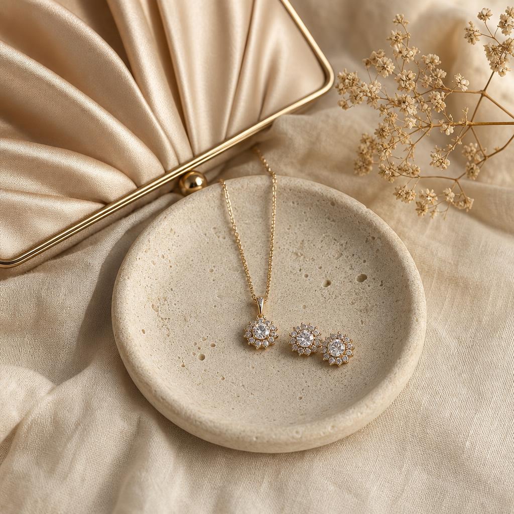Pendant necklace and stud earrings on cream linen with satin clutch