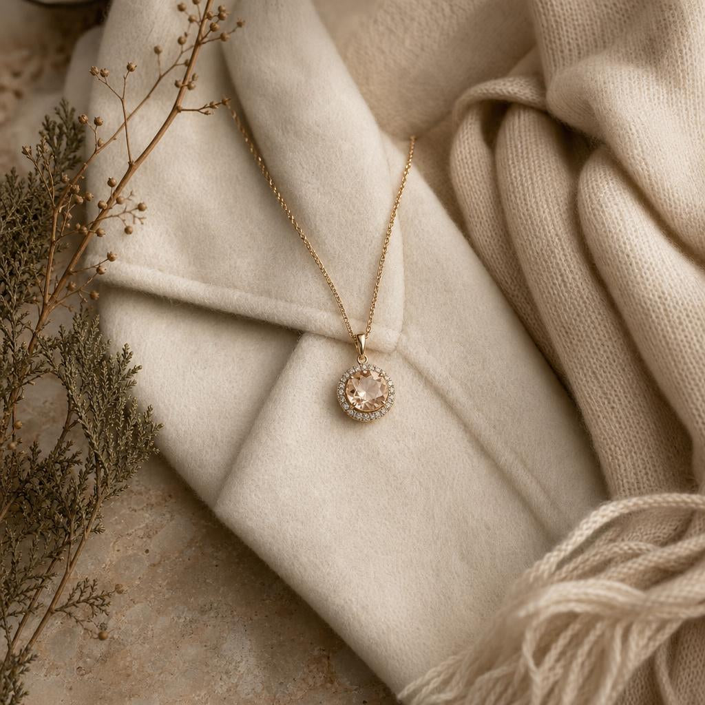 Delicate pendant necklace styled against a soft ivory winter coat
