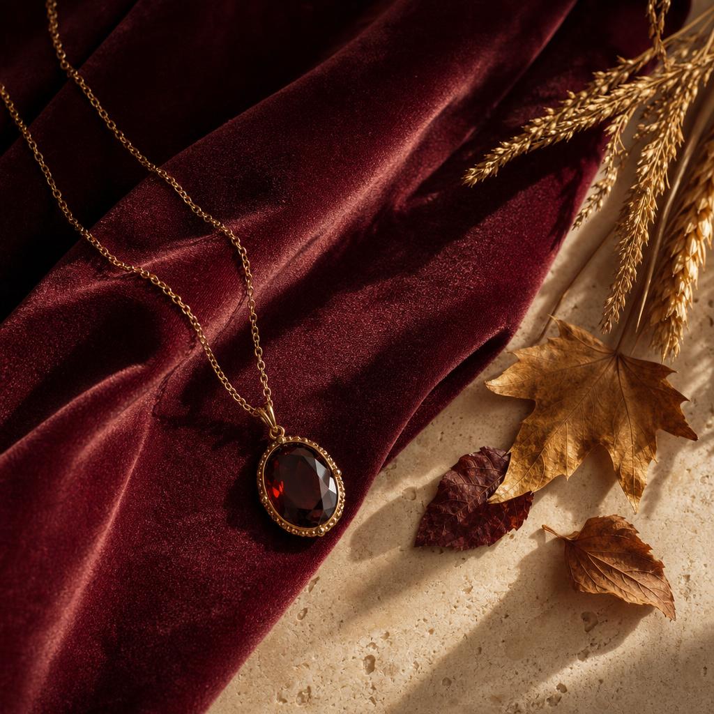 Jewel-toned pendant necklace draped on burgundy velvet with autumn leaves