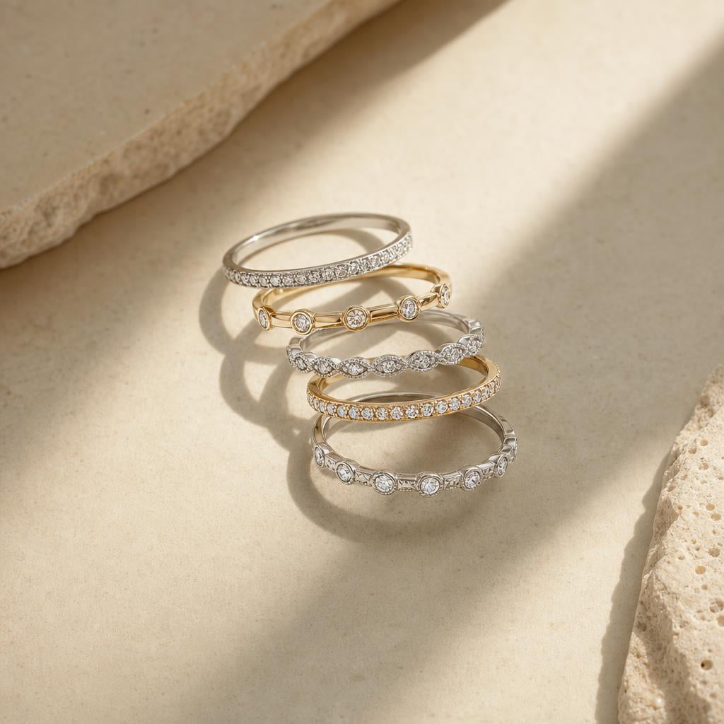 Layered stacking rings in platinum and gold tones on a cream background