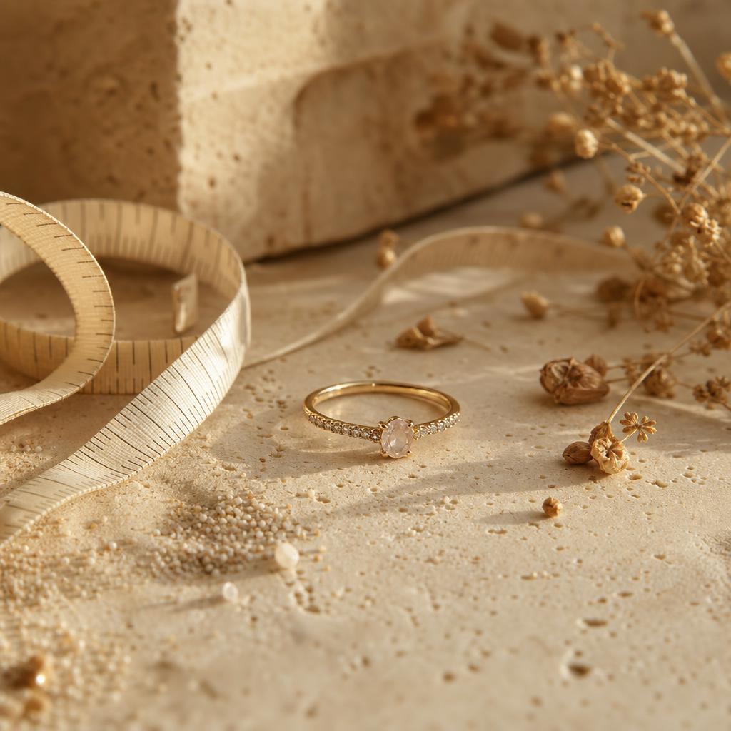 Delicate ring resting beside a coiled measuring tape on warm stone