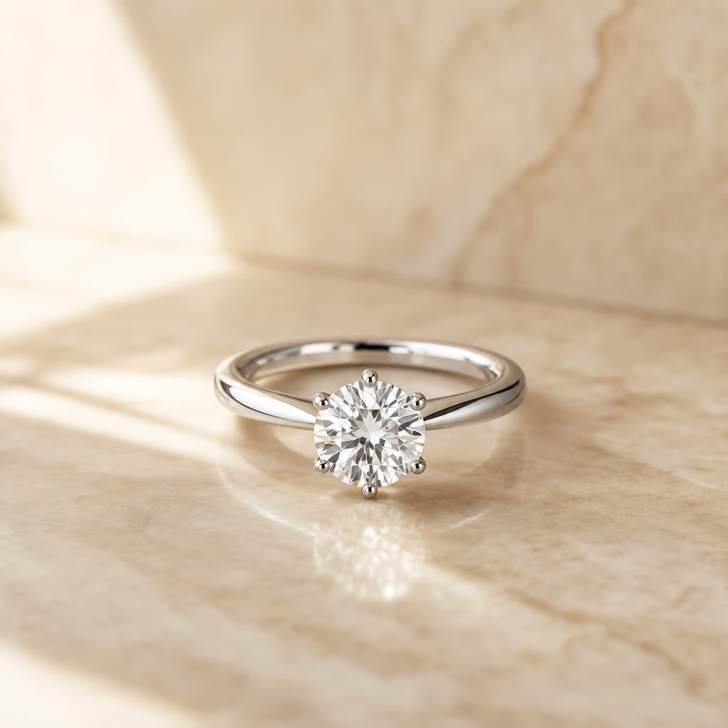 A round simulated diamond ring on warm cream marble in soft natural side light