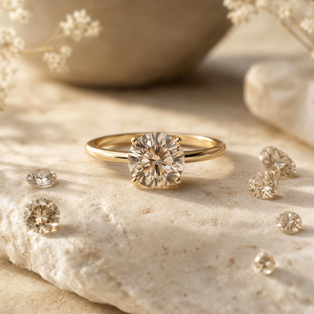 Elegant round-cut moissanite ring centered on a warm cream stone surface