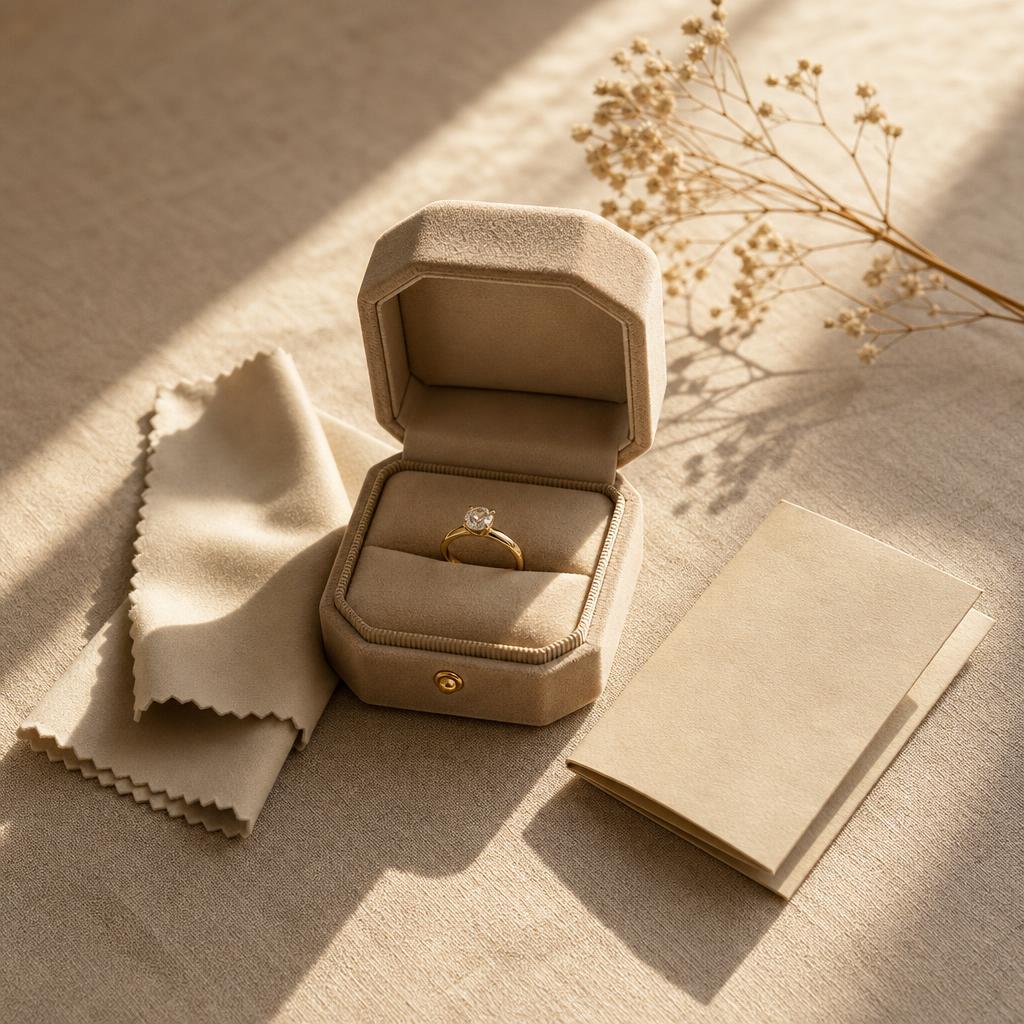 Open ring box with polishing cloth and warranty card on linen