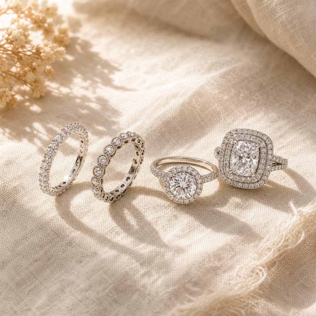 Four simulated diamond rings on cream linen — eternity band, milgrain eternity, halo solitaire and double halo arranged in an arc