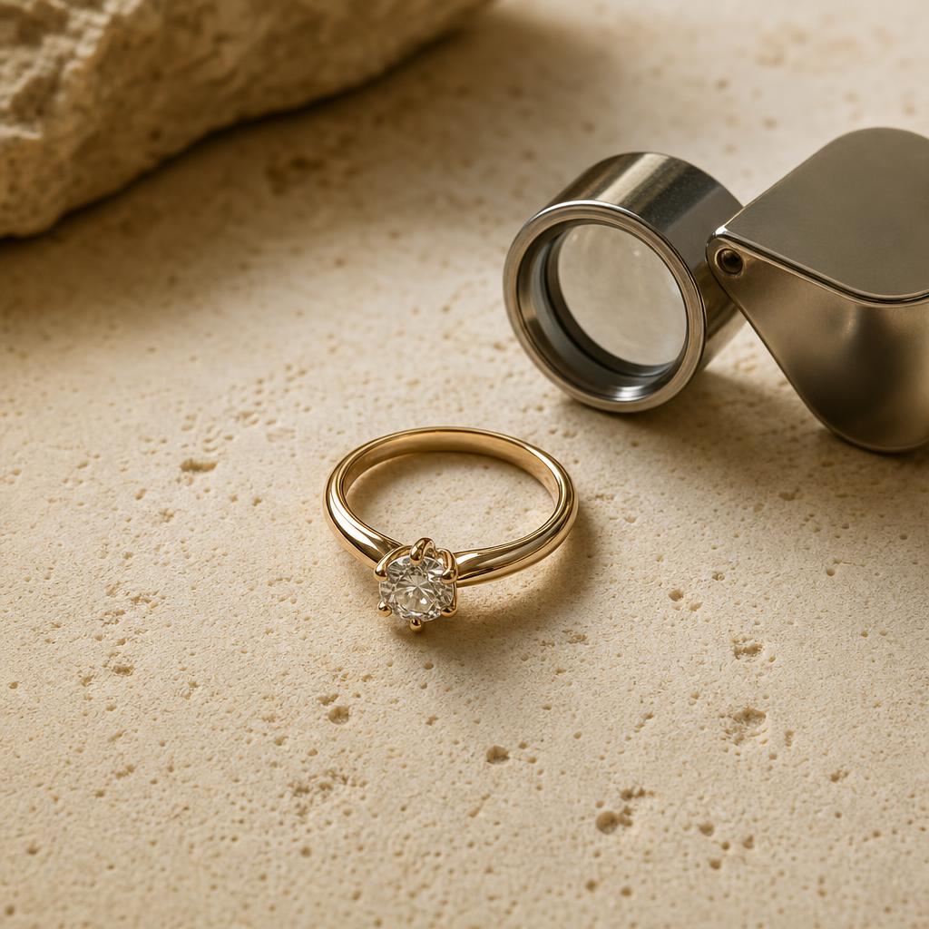 Close-up of a ring and jeweler's loupe on a warm stone surface