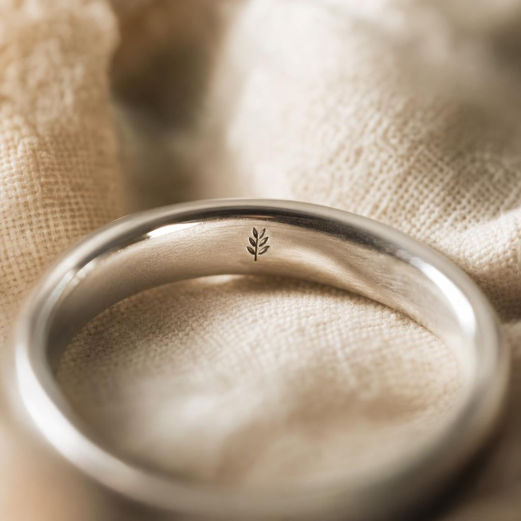 Close-up of a polished silver ring's inner band with a faint purity stamp