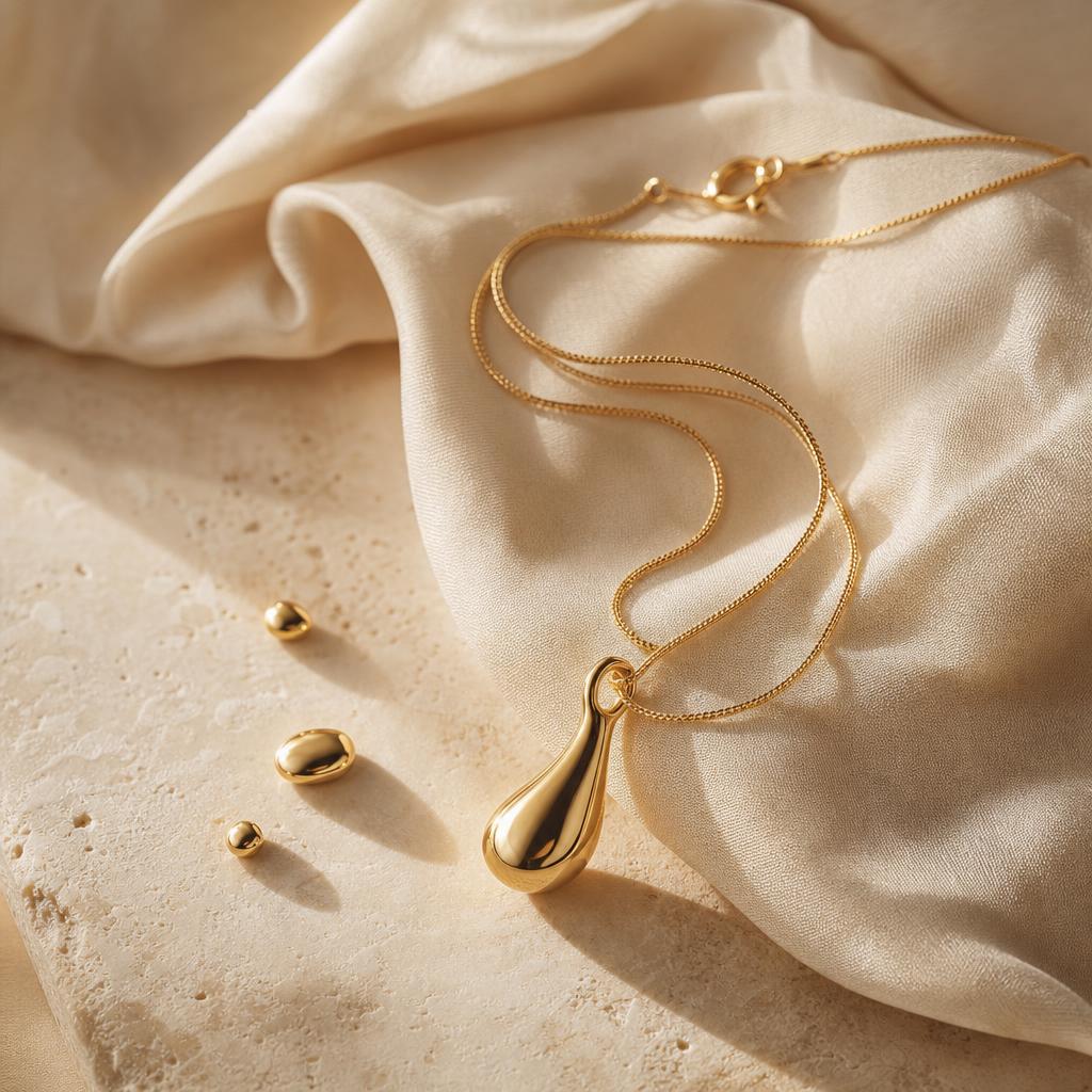 Gold pendant necklace coiled on warm cream silk with soft natural light