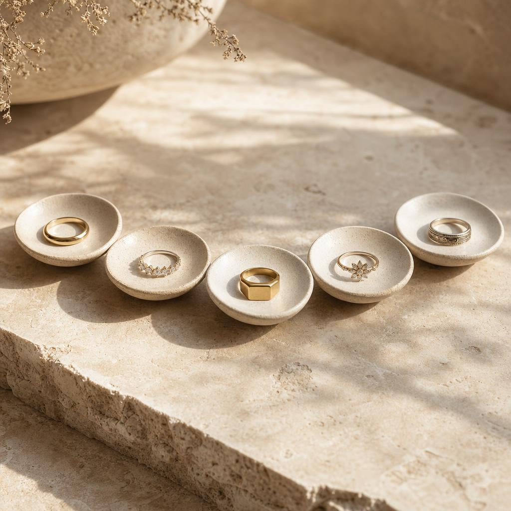 Five rings in different styles displayed on small dishes over warm stone