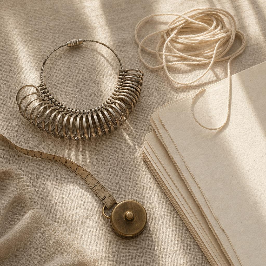 Ring sizing gauge, string, and tape measure on warm linen background