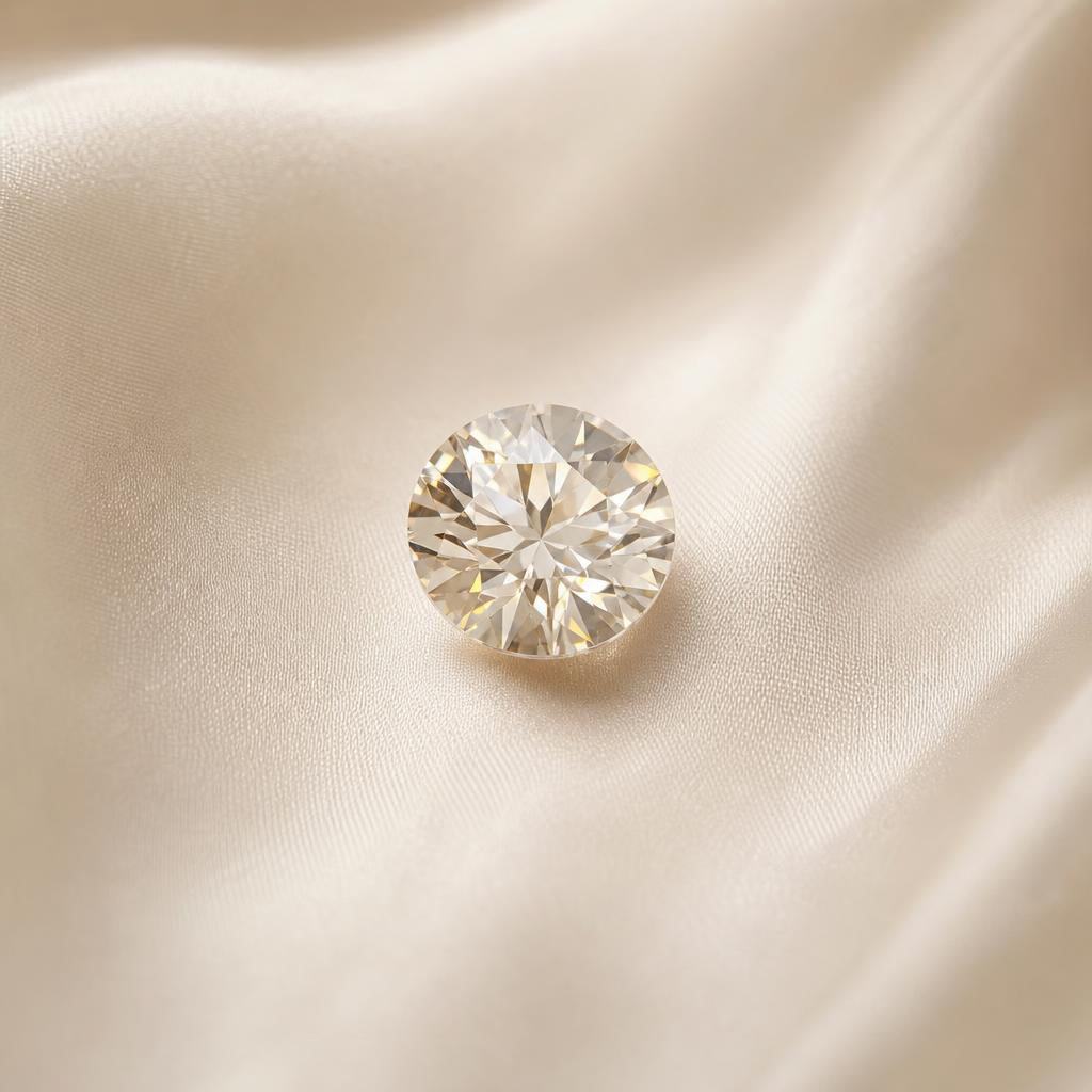 Loose faceted gemstone centered on warm cream silk fabric