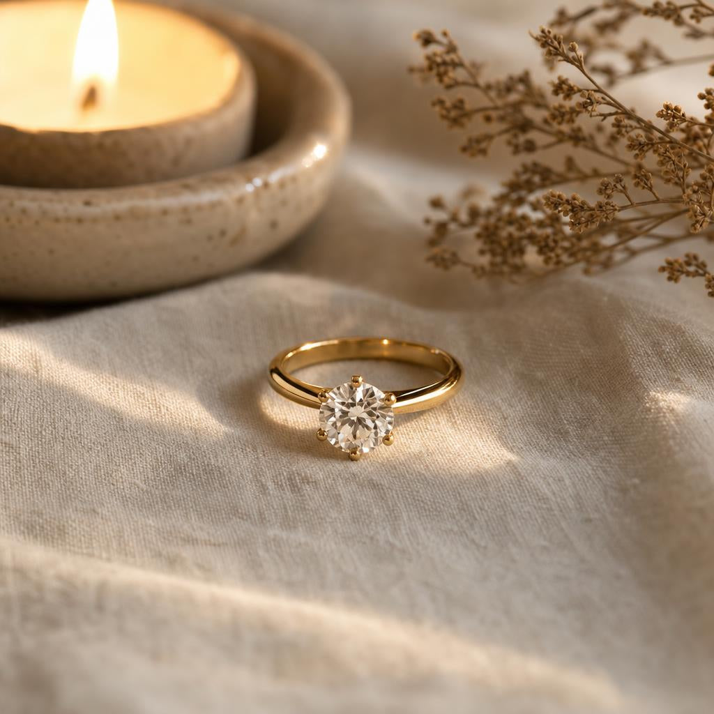 Solitaire diamond ring on cream linen beside a softly glowing candle